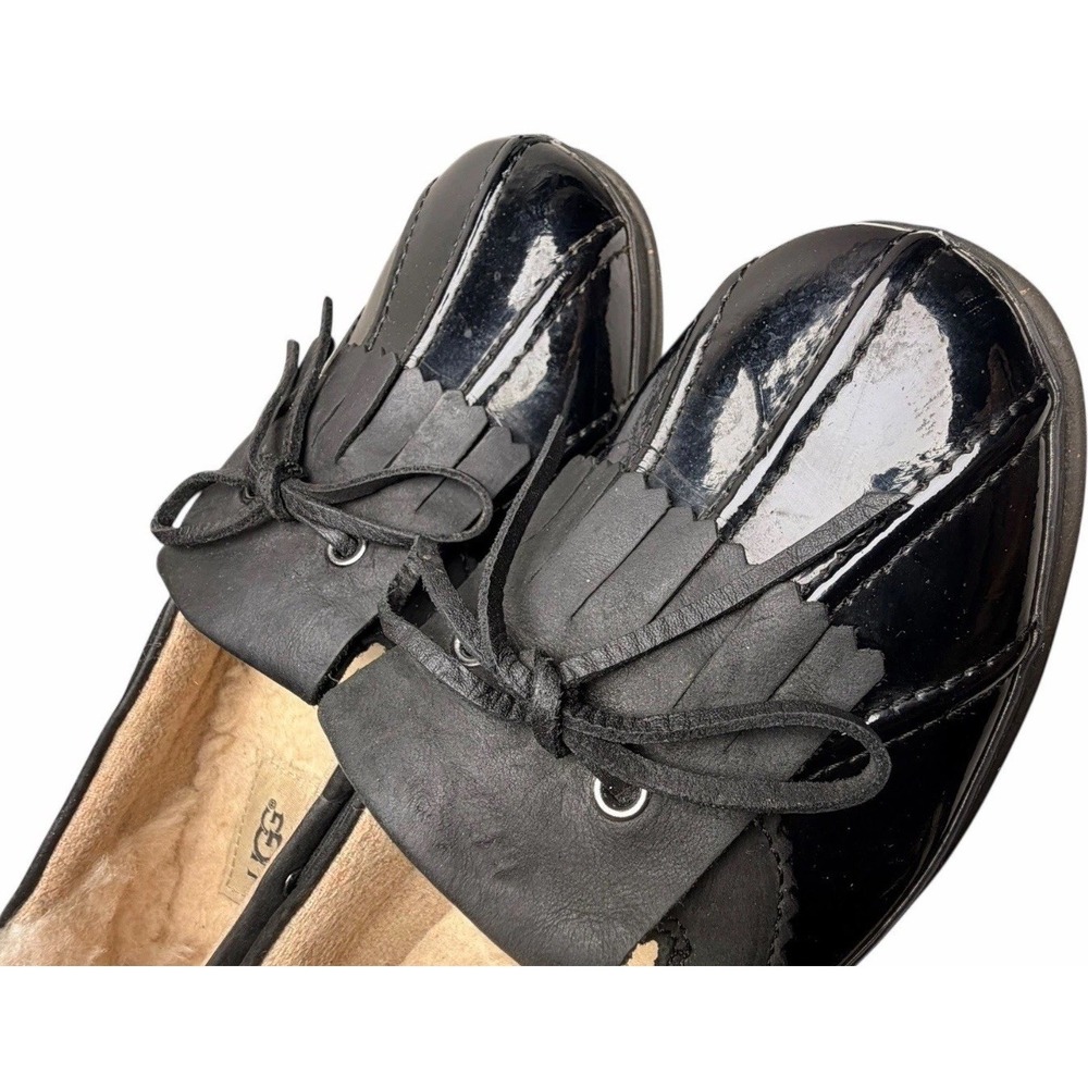 UGG Haylie Duck Shoes Black Patent Leather Suede Kiltie Tassel Loafers Womens 8 - Picture 11 of 11
